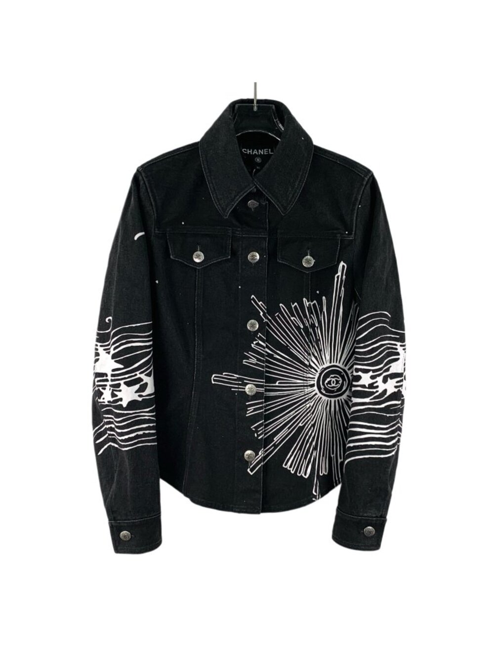 Chanel 22C Black Graffiti Print Denim Jacket